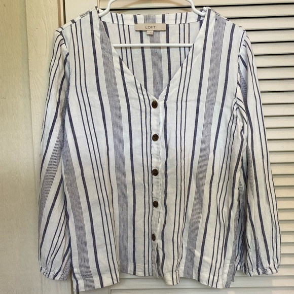 Sold- Loft button down blue white stripe linen top - Picture 2 of 9